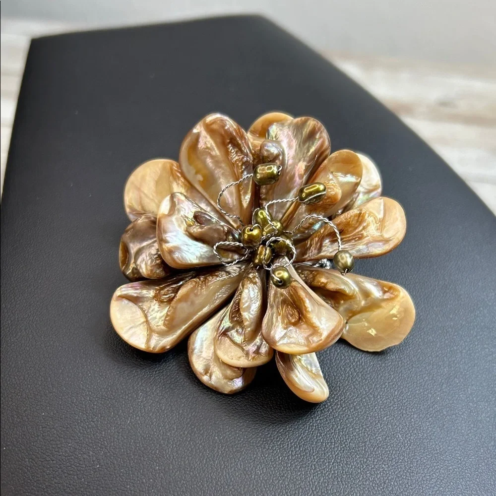 Nakamol Large Elegant Shell Flower and Pearl Brooch